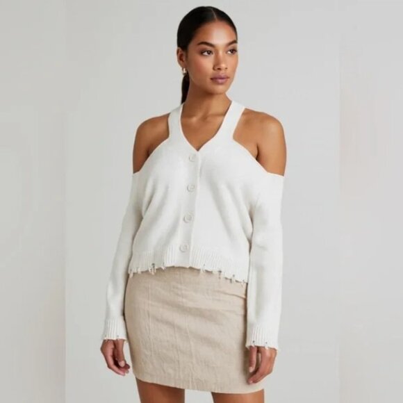 525 America Sweaters - 525 America Off-the-Shoulder White Sweater with Frayed Hem